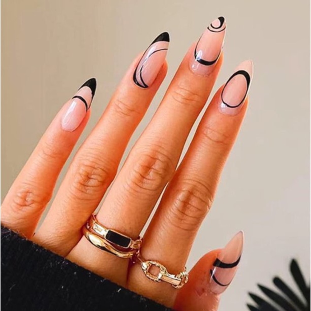 24pc Nail Kit  Black Glossy Abstract French Tip Nails| Black French Tip Nails|